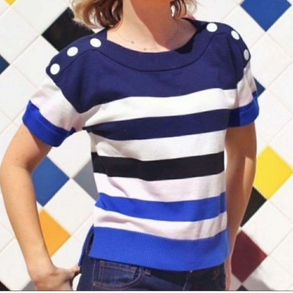 CAbi Sailor Striped Short Sleeve Pullover Sweater Electric Blue